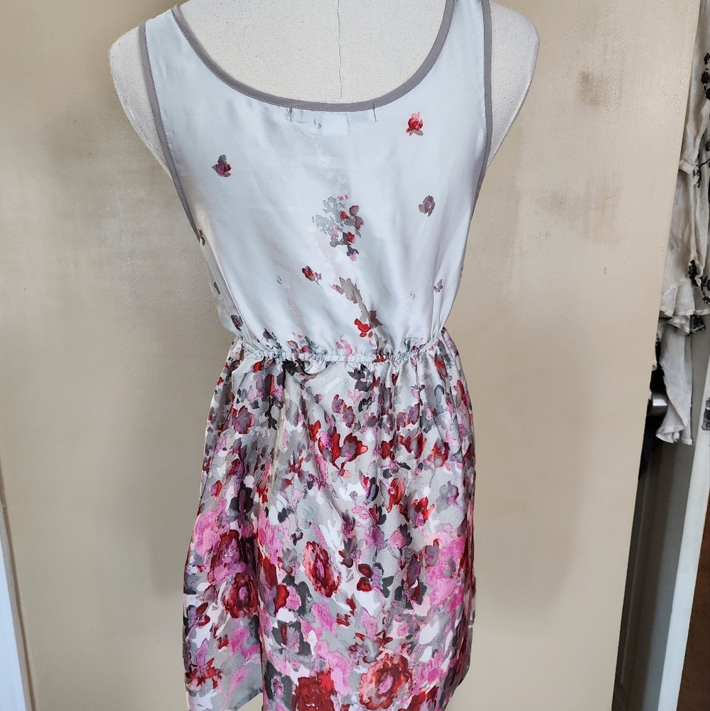 Grey/Pink Floral Satin Mini Dress, Women's S - Picture 4 of 9